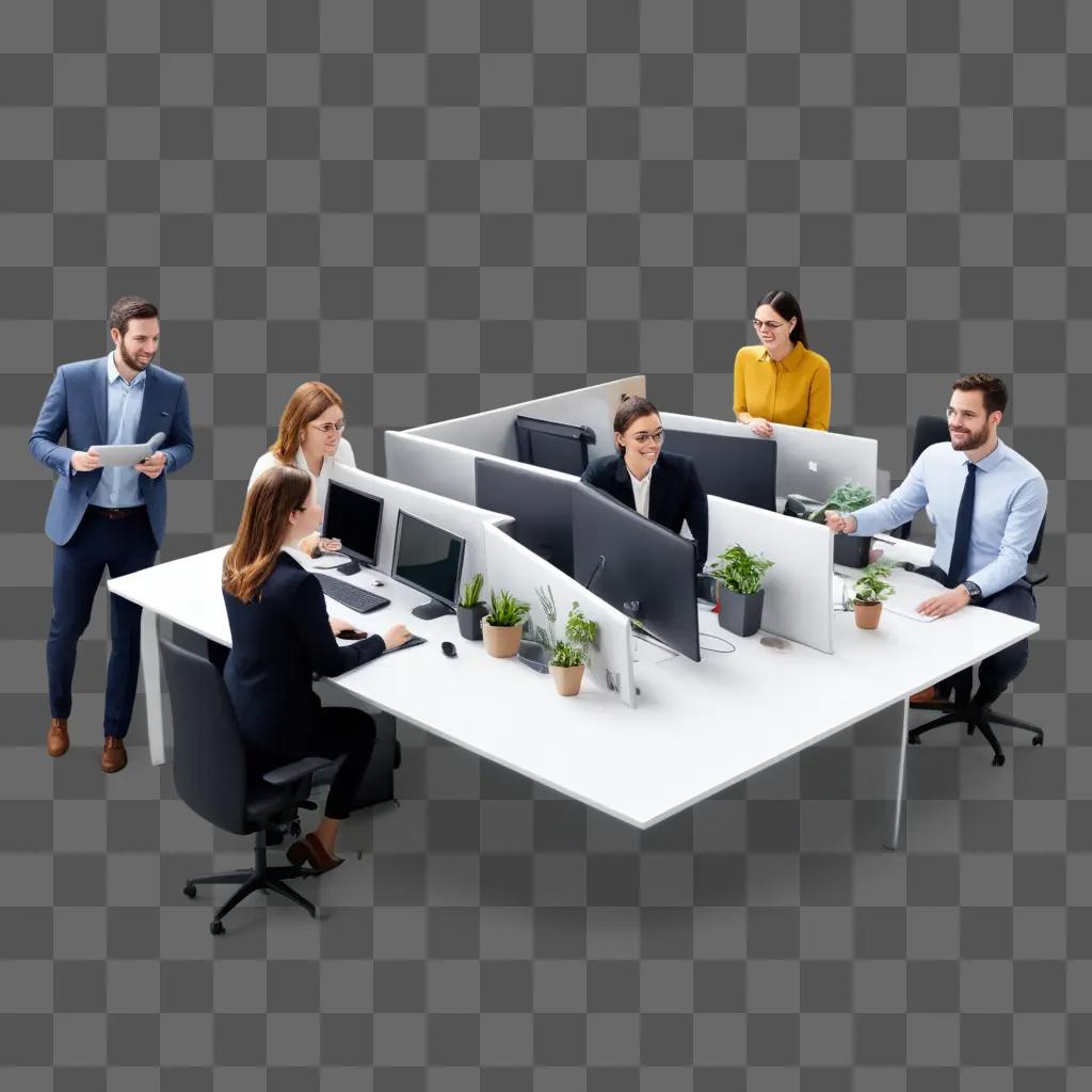 group of employees at a desk working