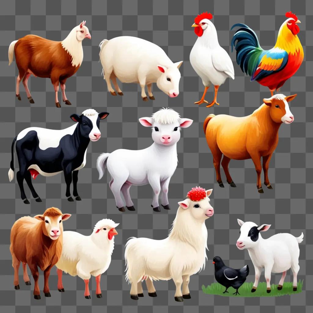 group of farm animals and chickens on a beige background