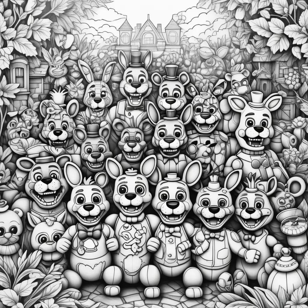 group of fnaf characters coloring page with black and white color