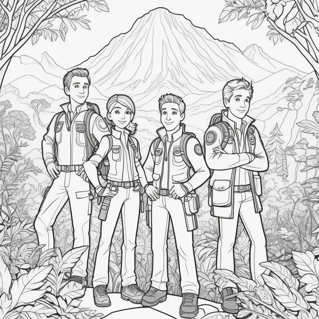 group of four people standing in a forest