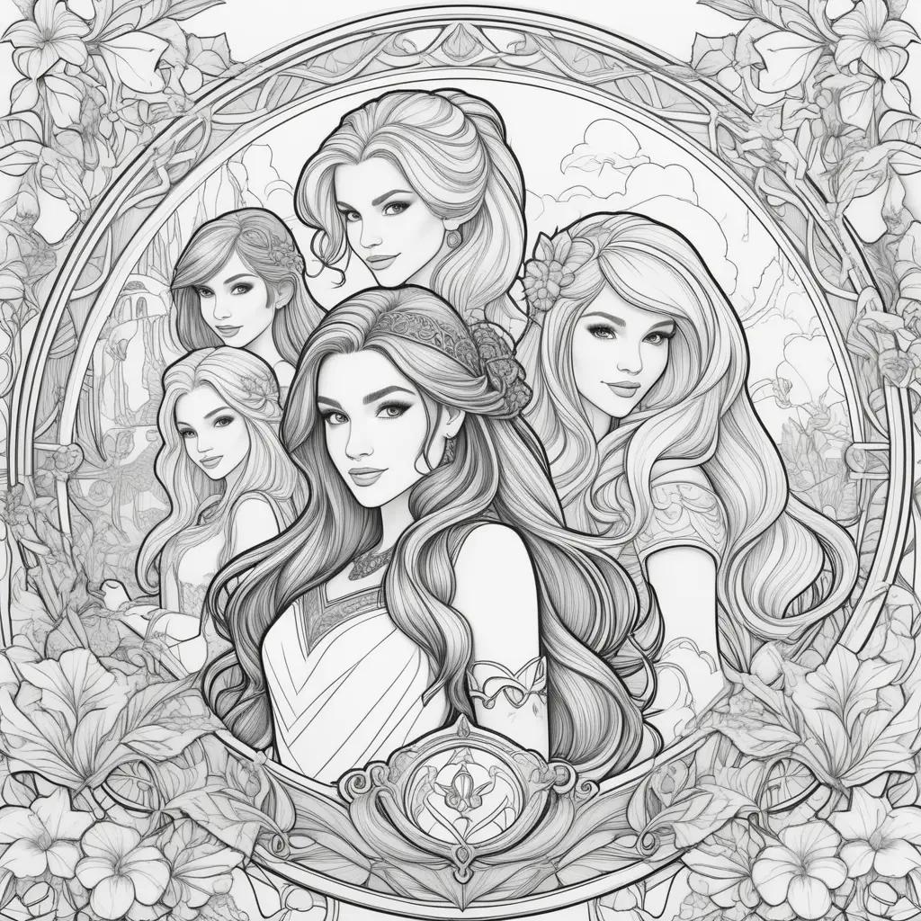group of girls in coloring pages with flowers