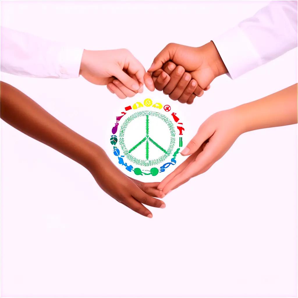 group of hands create peace symbol