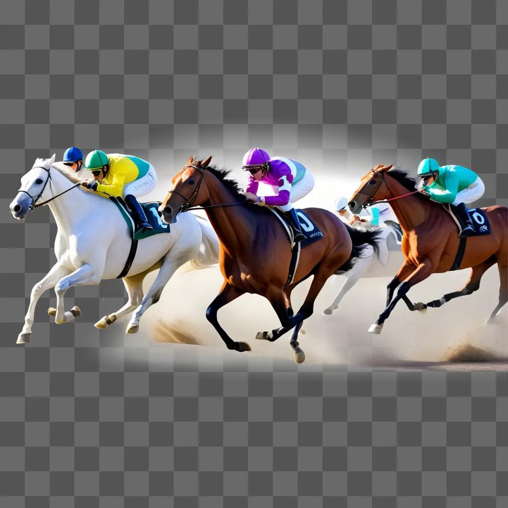 group of horses race around a track