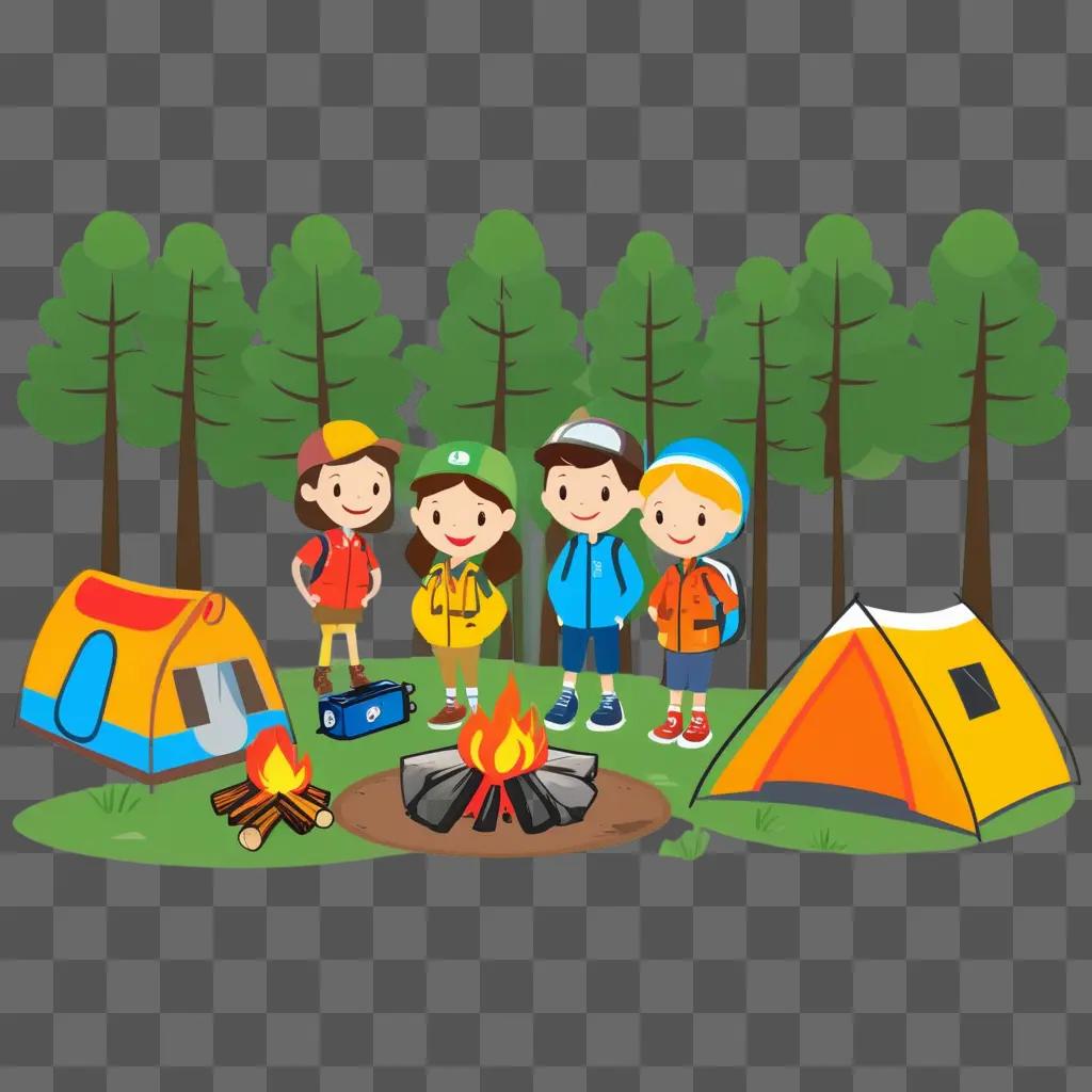 group of kids in a camp scene with campfire and tents