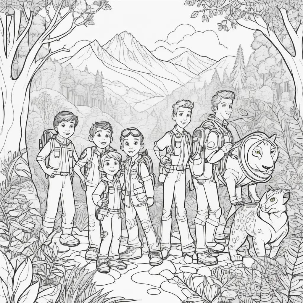 group of kids in the woods coloring pages of wild kratts