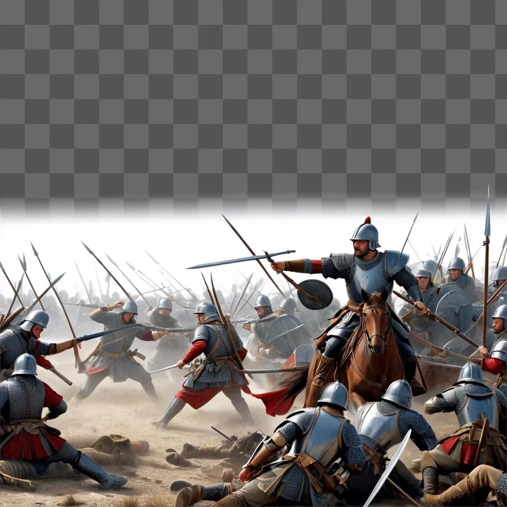 group of men in armor fight in a battlefield