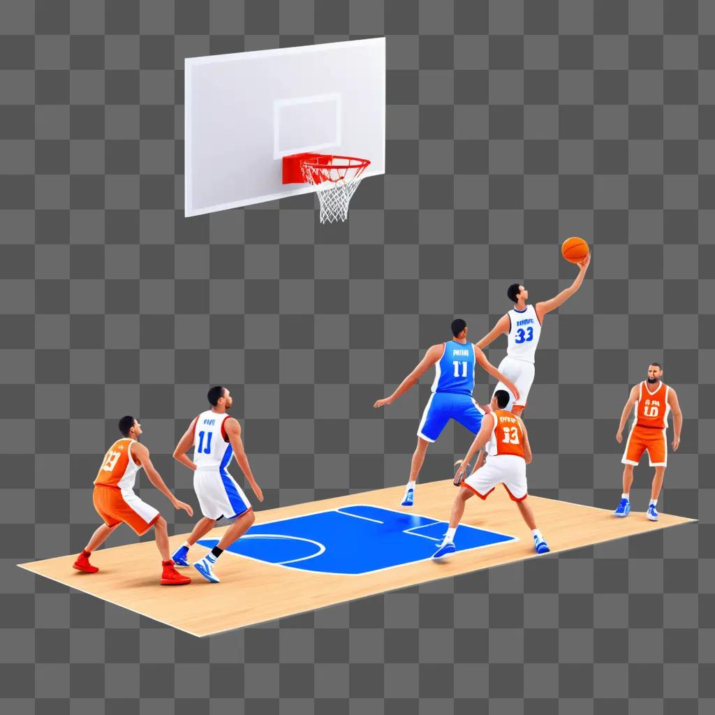 group of men play basketball in a 3D setting