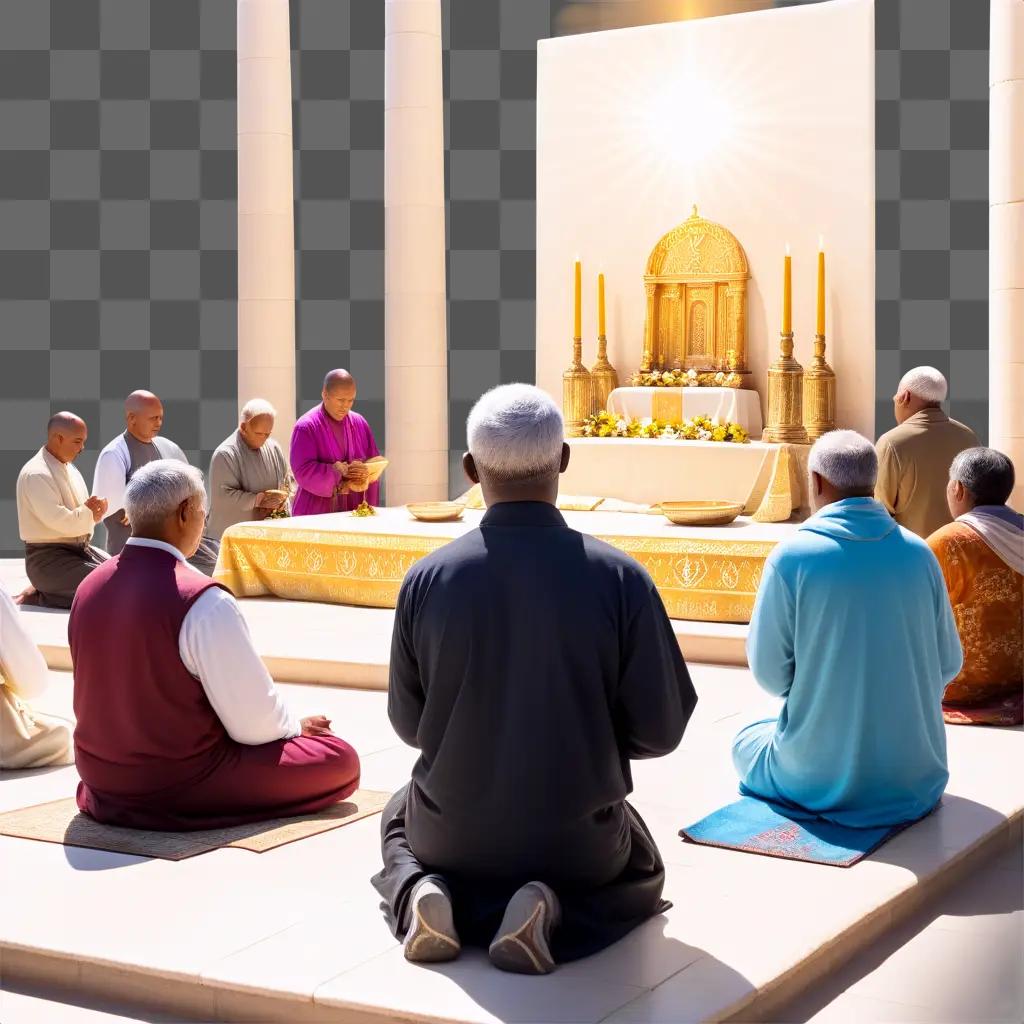 group of monks meditate in front of a golden altar