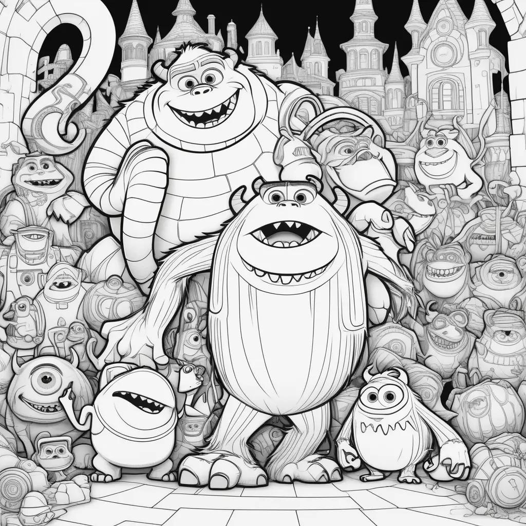 group of monsters coloring pages with a castle in the background