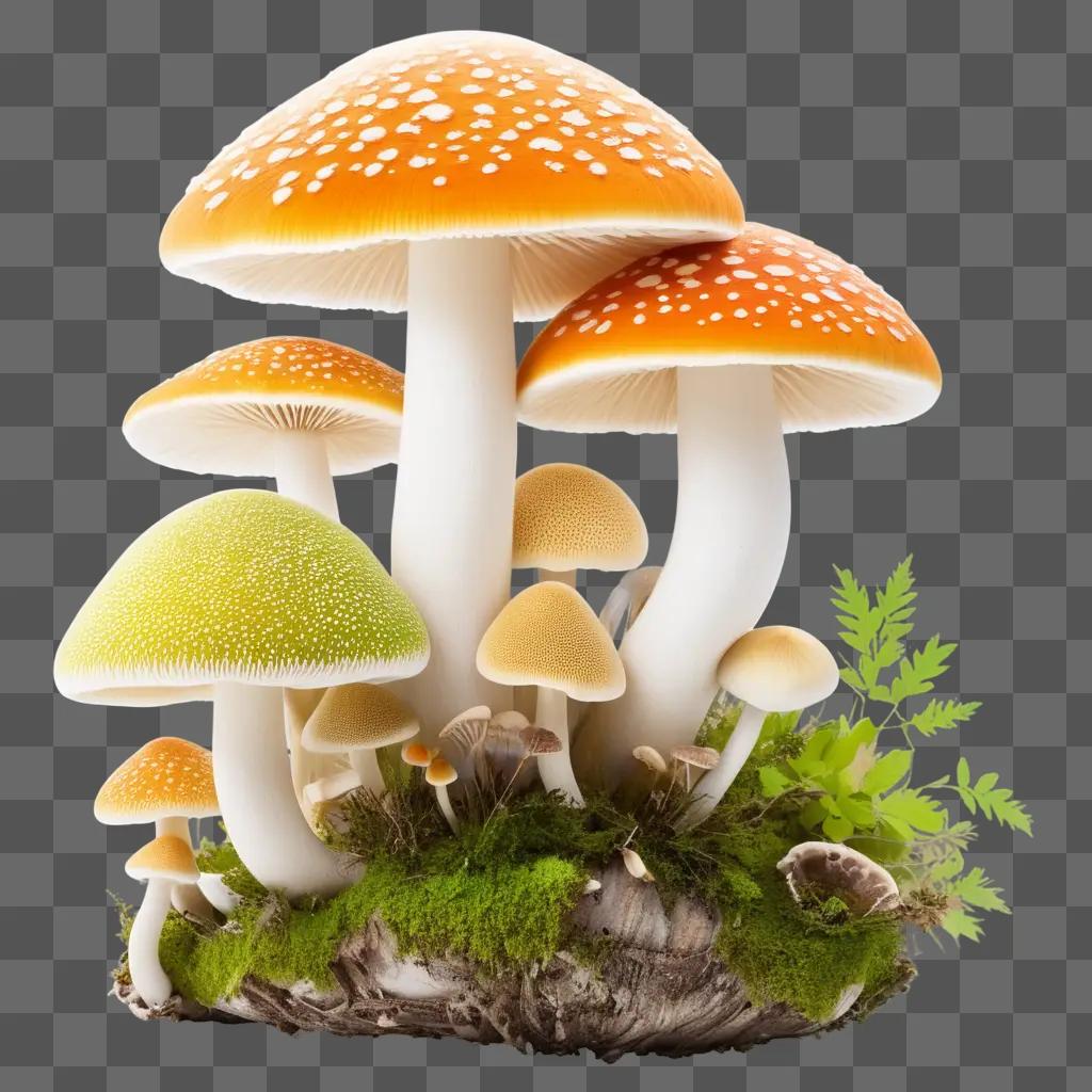 group of mushrooms on moss with a green background