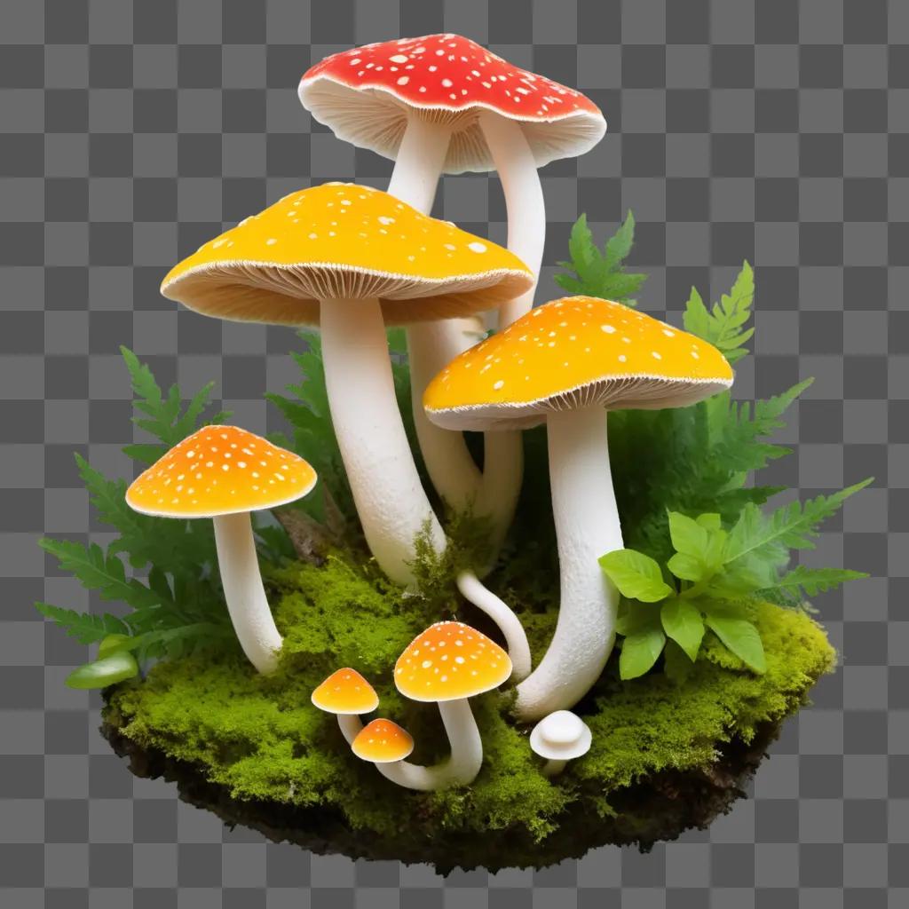 group of mushrooms with bright colors and white spots