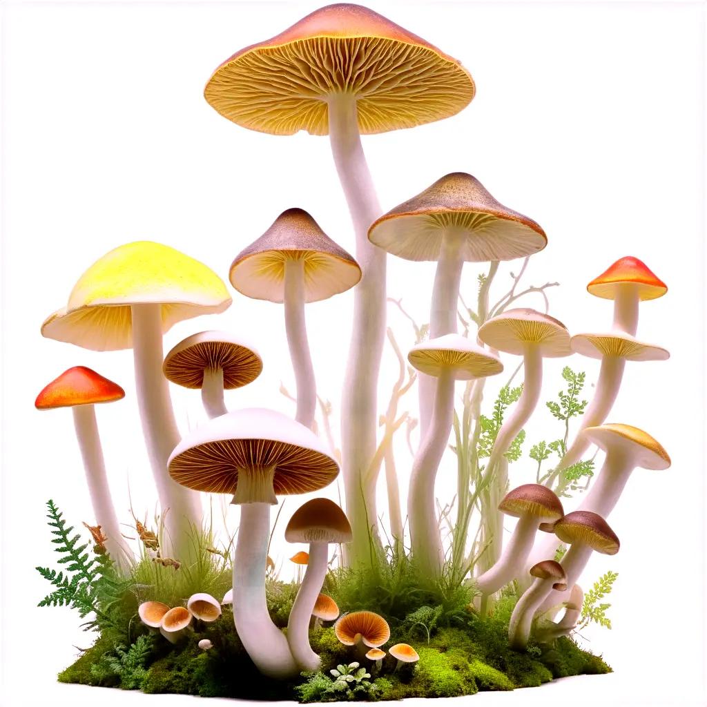 group of mushrooms with many colors and shapes