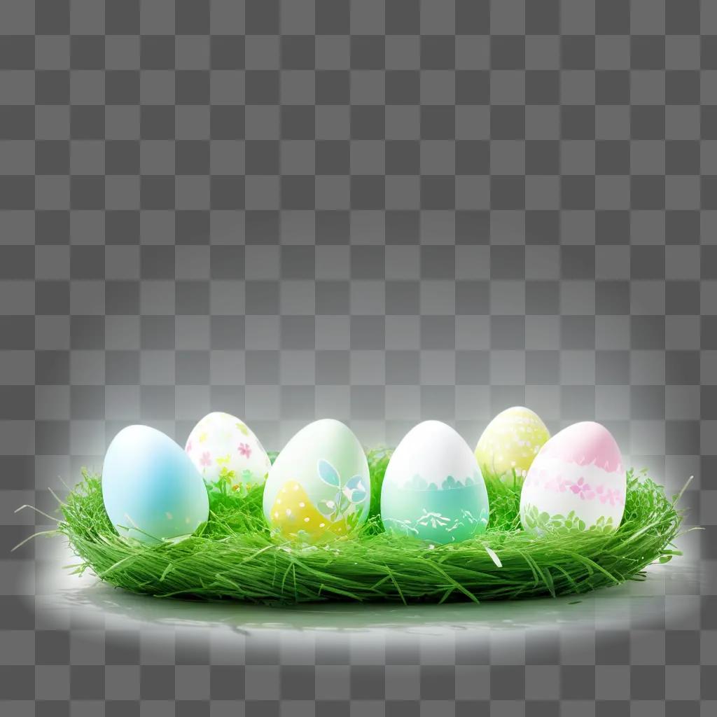 group of painted Easter eggs sit in a grassy nest