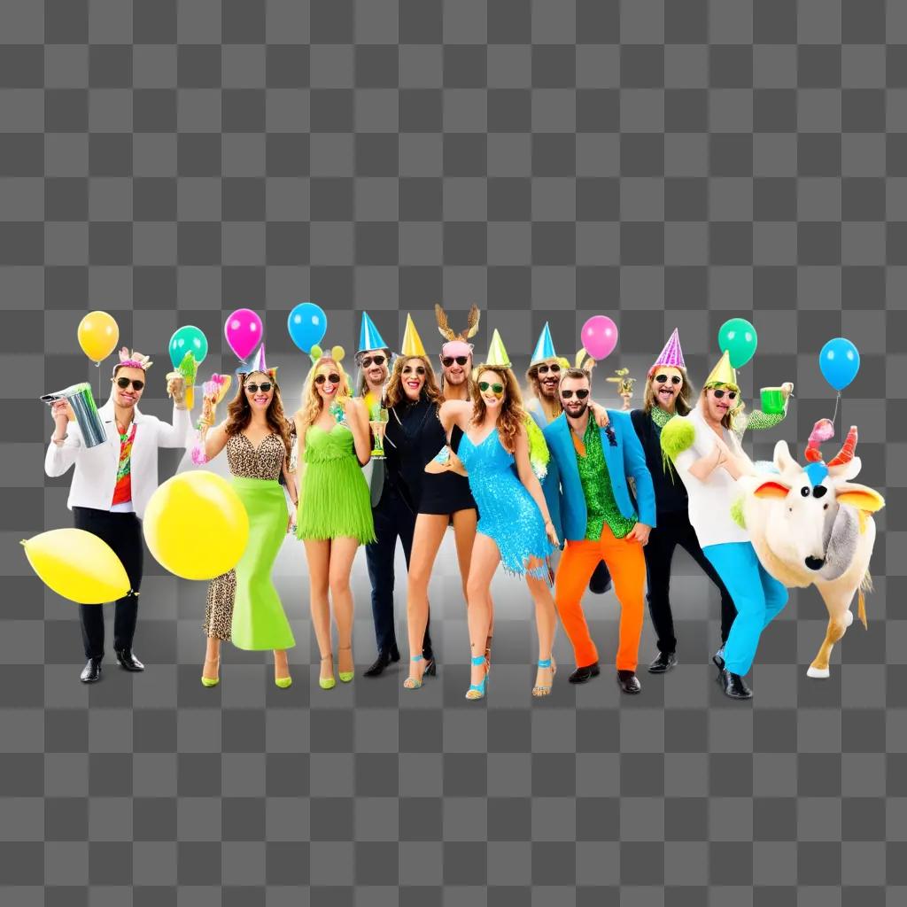 group of party animals in colorful outfits pose for the camera