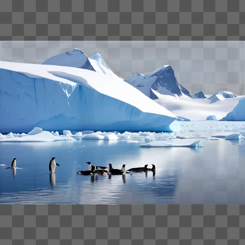 南極の海で泳ぐペンギンの群れ