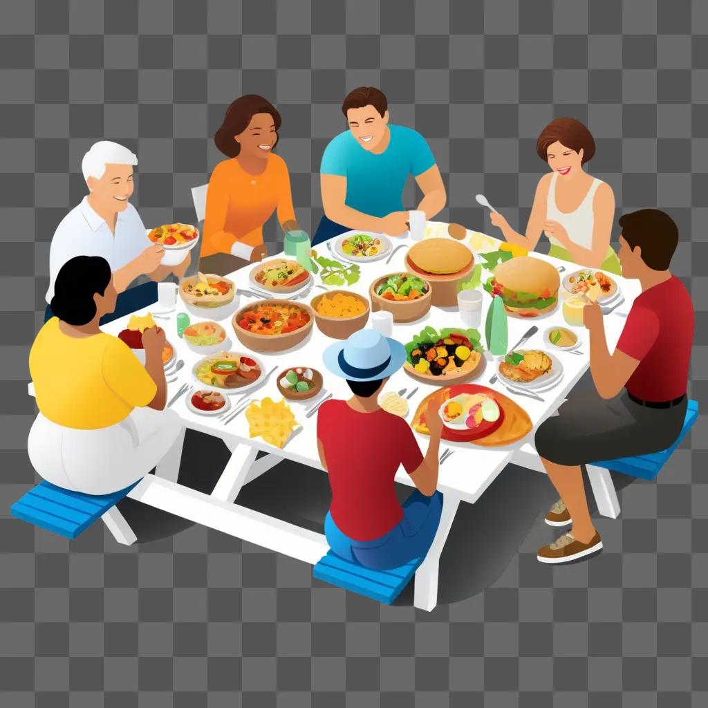 ピクニックテーブルで食事を楽しむ人々のグループ
