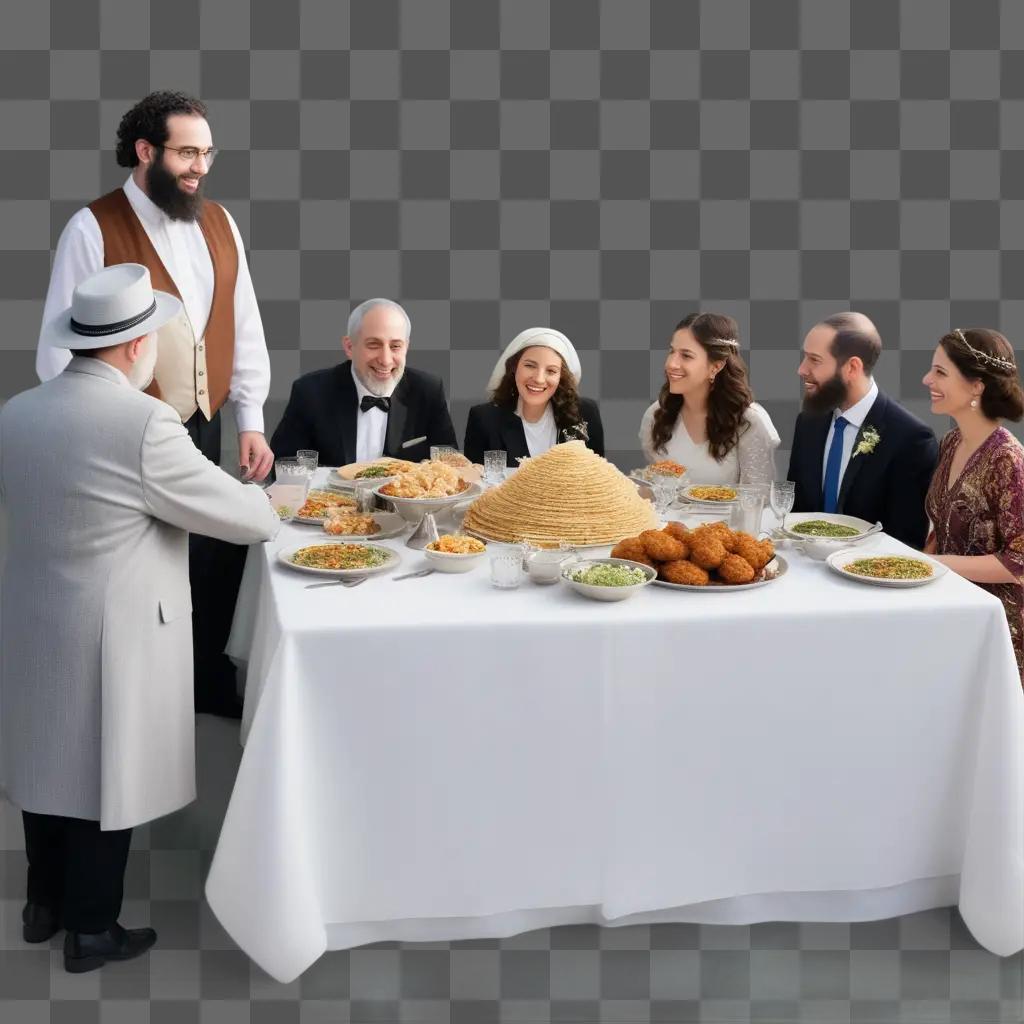 group of people at a table with food and a man in a hat