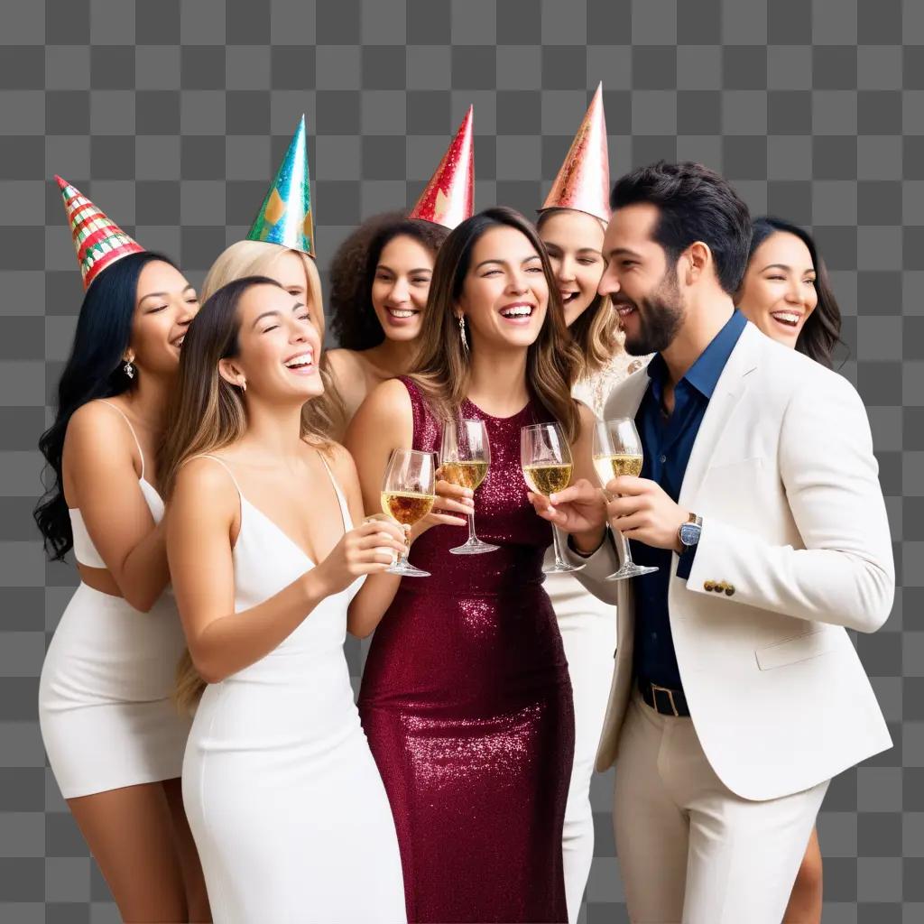 group of people celebrating with wine and party hats