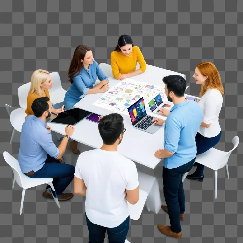 テーブルでプロジェクトの共同作業を行うグループ