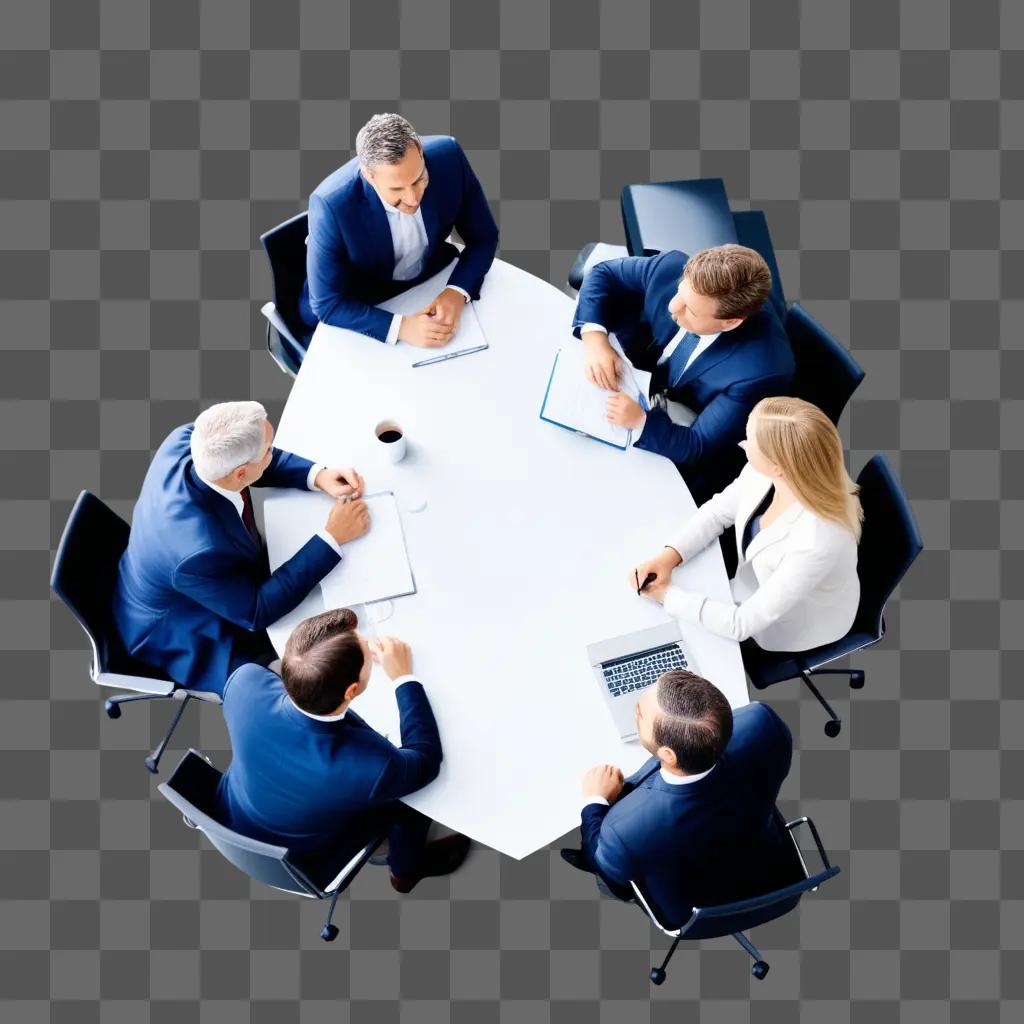 group of people gather for a meeting at a white table