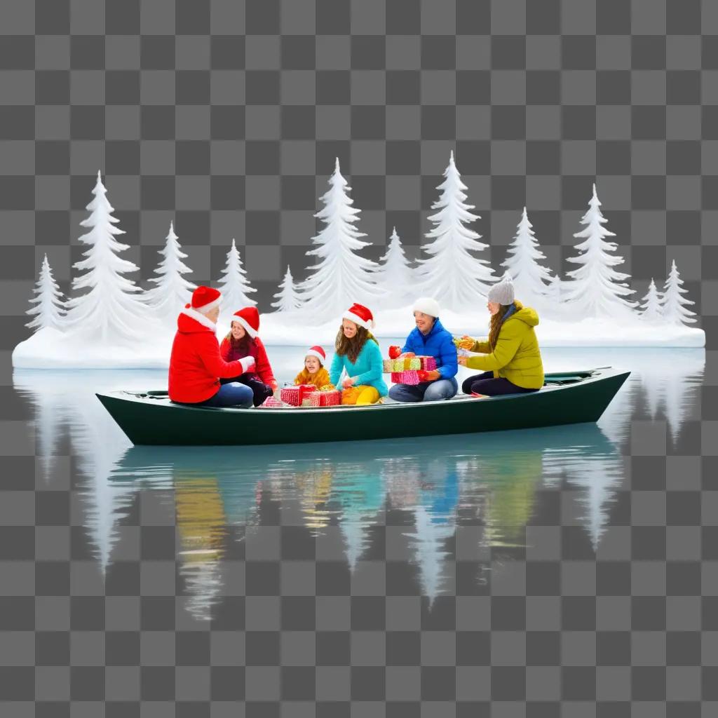 group of people in a boat with presents on a winter day