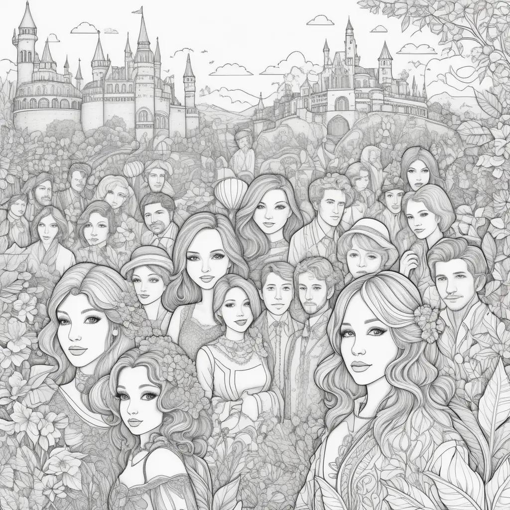 group of people in a castle coloring page