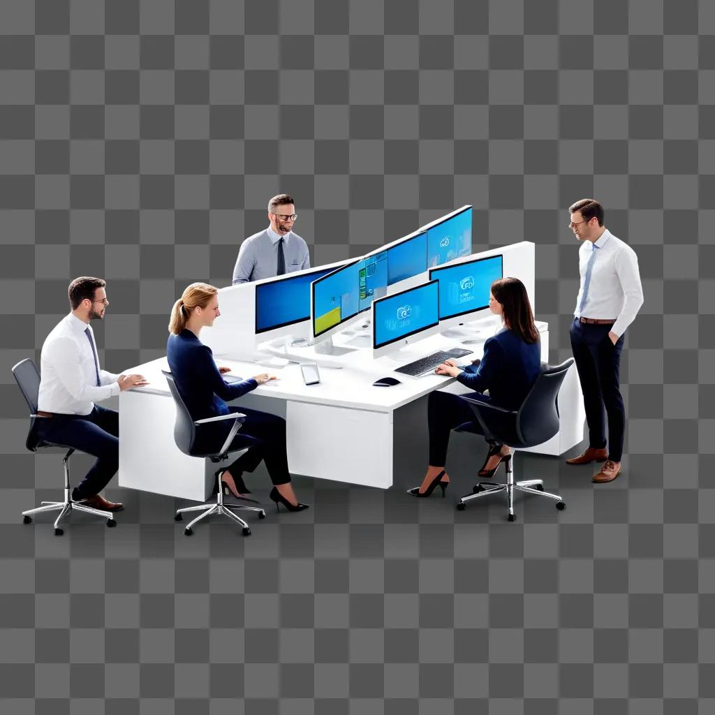 group of people in a white office with multiple computer monitors