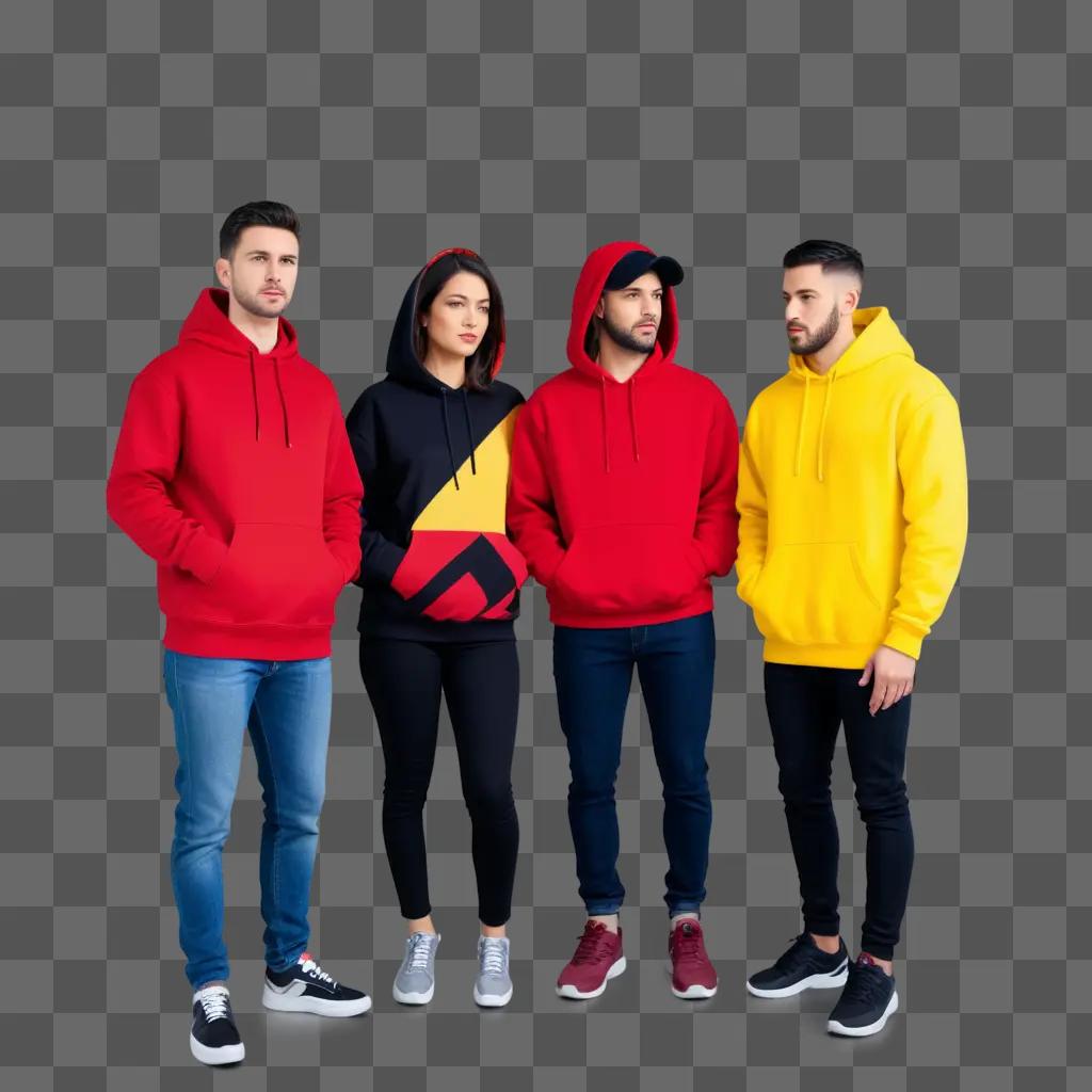 group of people in colorful hoodies stand together