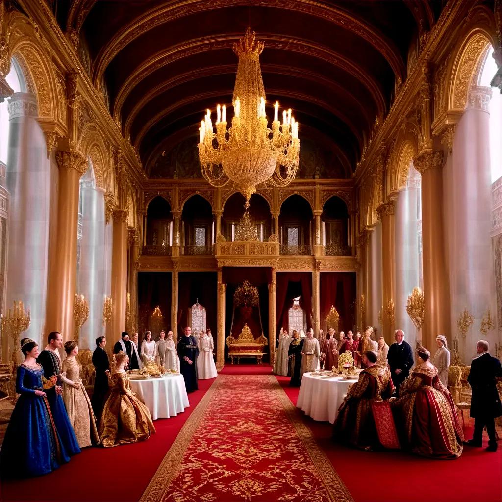 group of people in royal clothing gather in a room