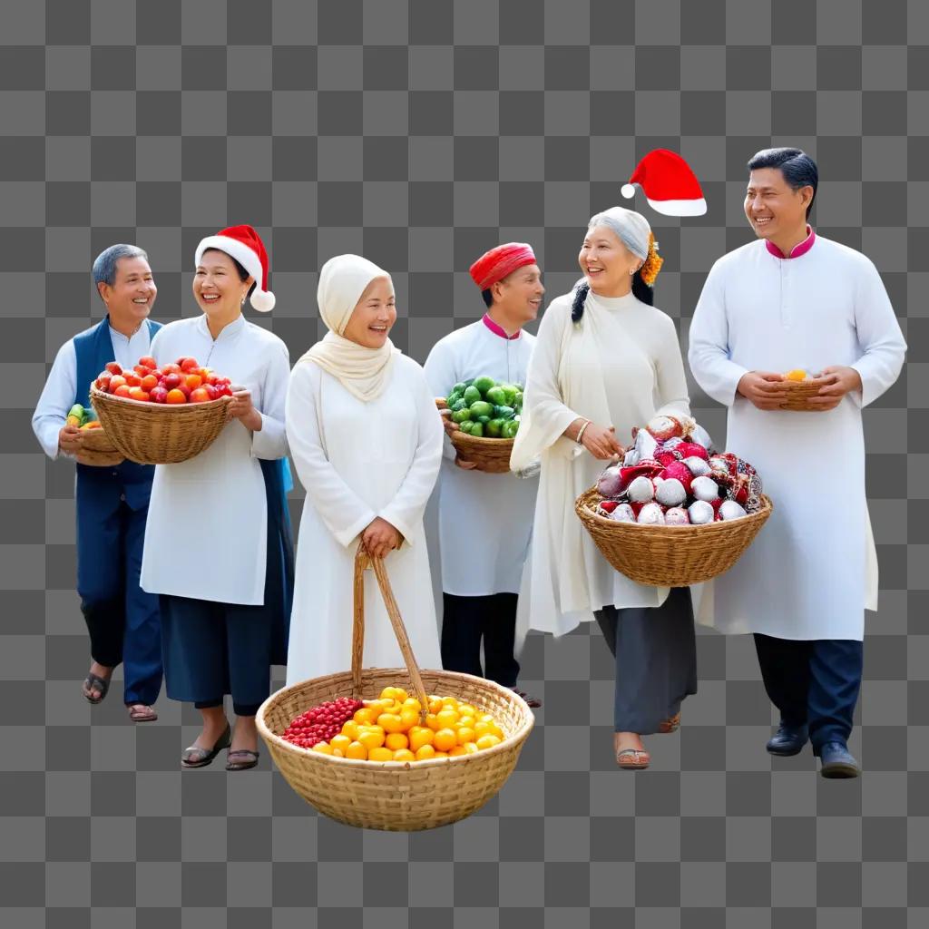 group of people in white clothes holding fruit baskets