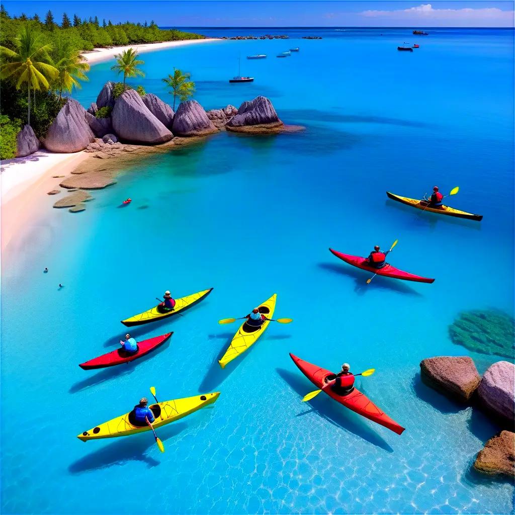 group of people kayak on the ocean in tropical paradise