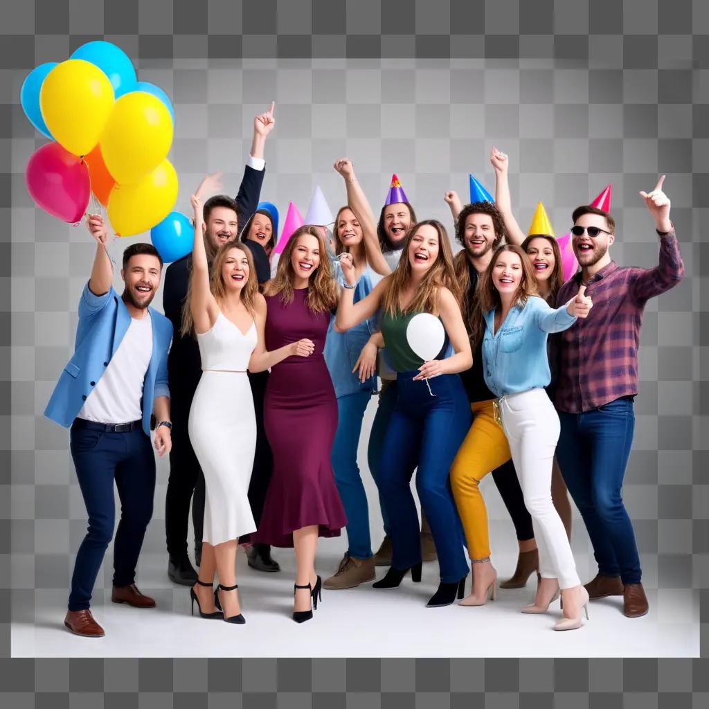 group of people partying and holding balloons