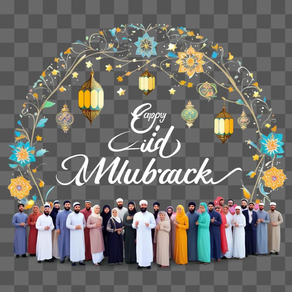 group of people pose for a photo with Eid Mubarak on the background