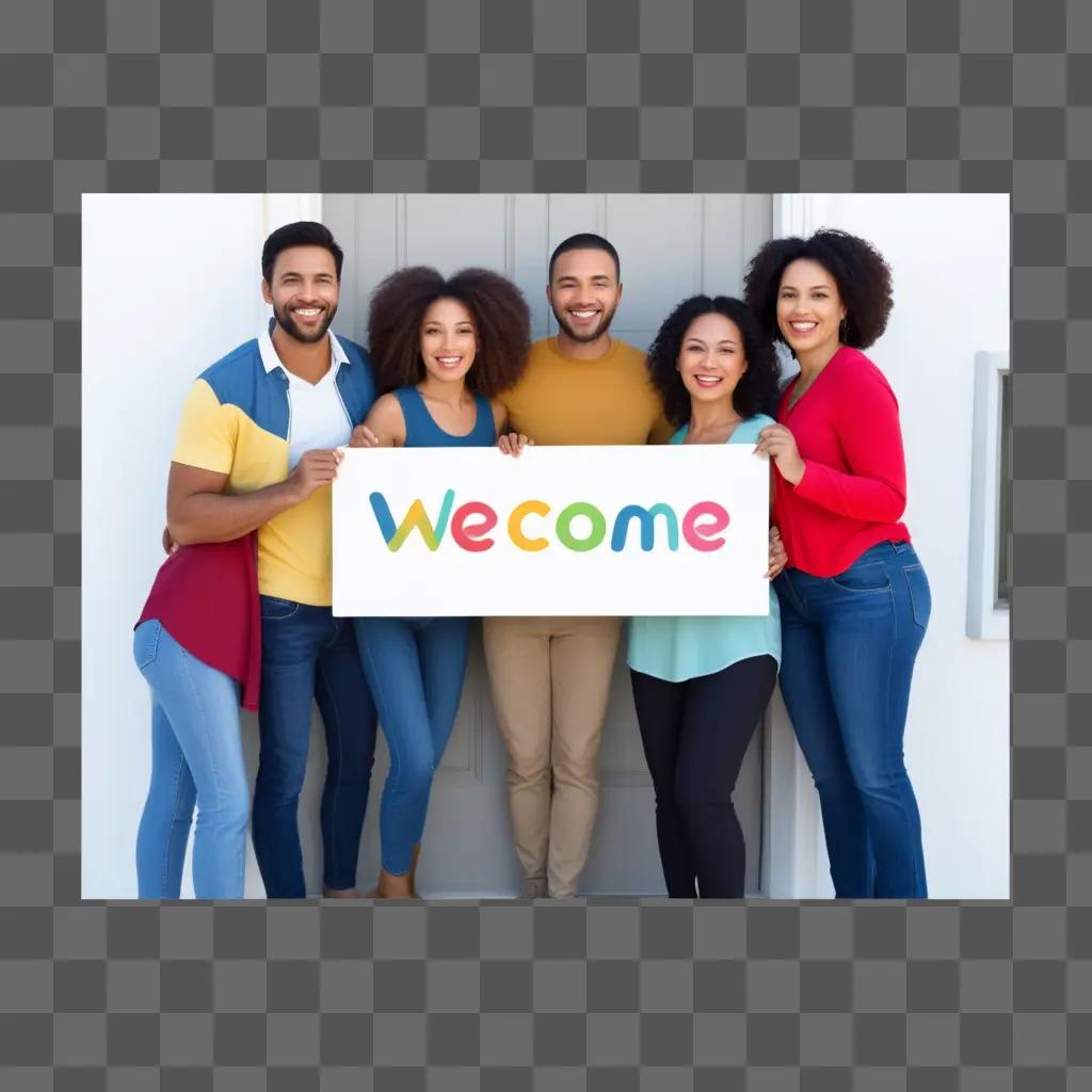 group of people pose for a picture holding a welcome sign