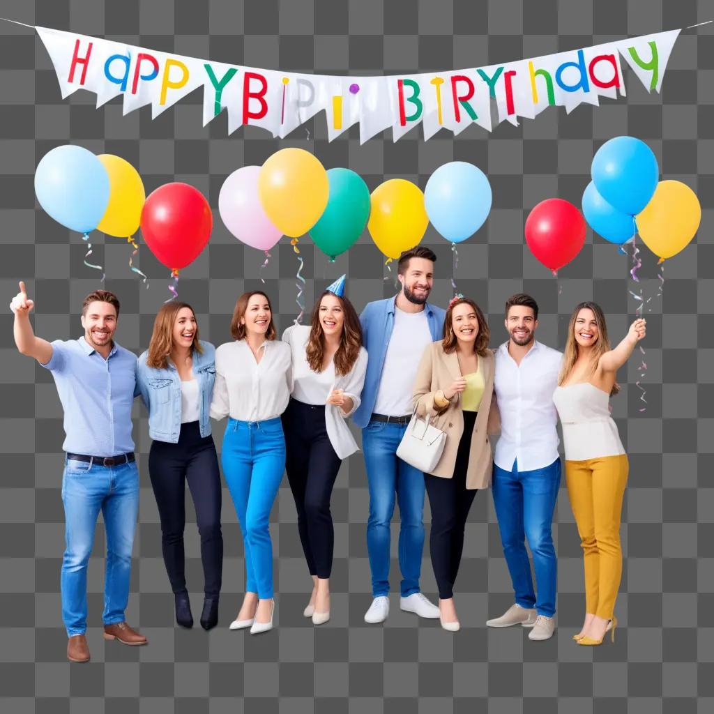 group of people pose for a picture with a Happy Birthday banner