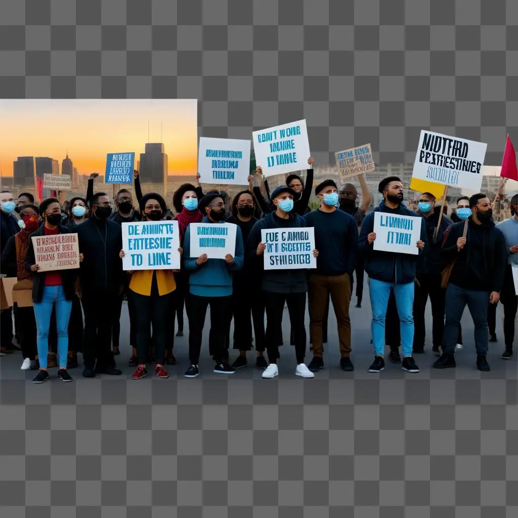 group of people protest outside during sunset