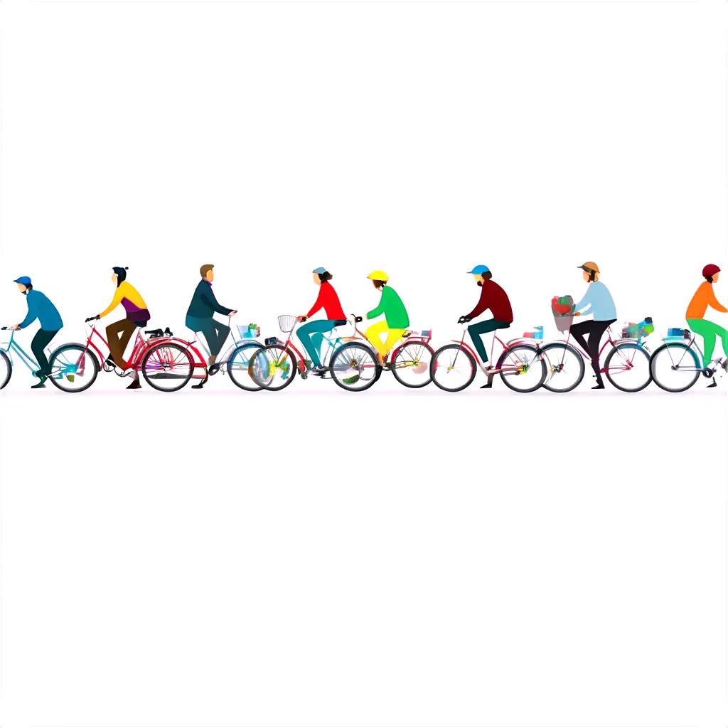 group of people riding colorful bikes on a white background