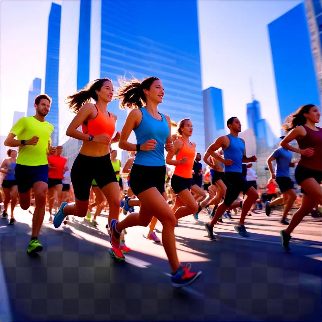 group of people running in a city street