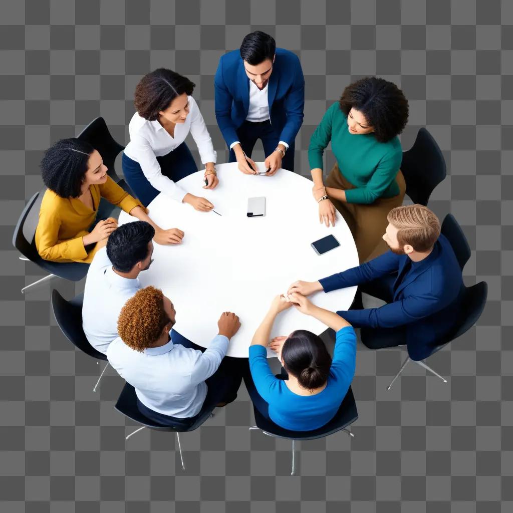 group of people sit around a round table engaged in a collaborative discussion