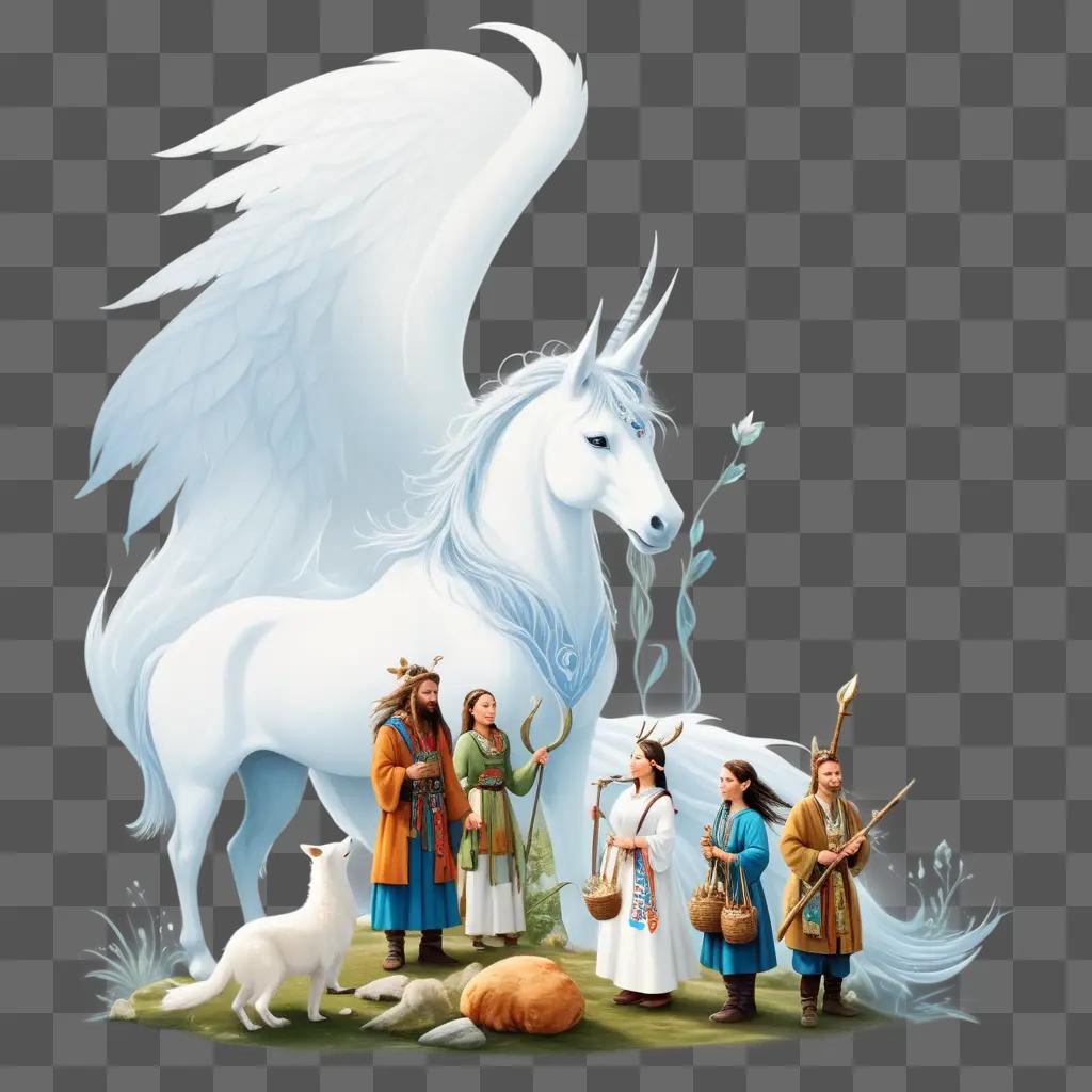 group of people stand near a white unicorn in folklore art