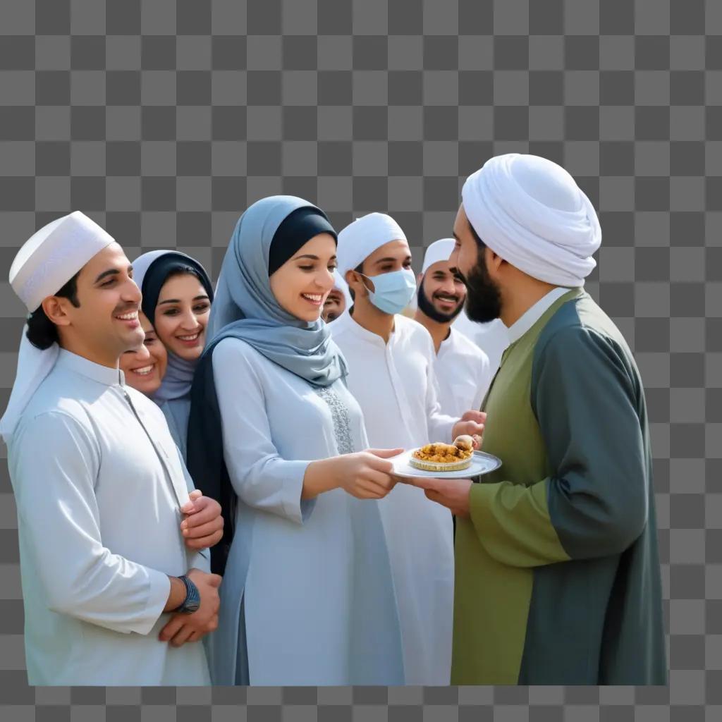 group of people wearing white and blue celebrate Eid Mubarak