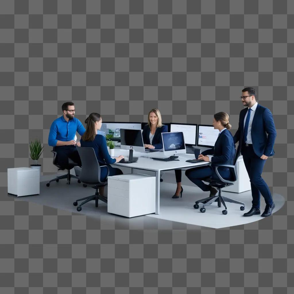 group of professionals gather around a desk