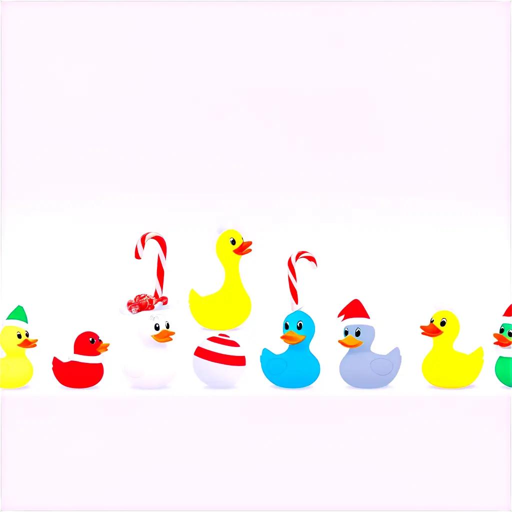 group of rubber ducks, each with a different color and design, are arranged in a row