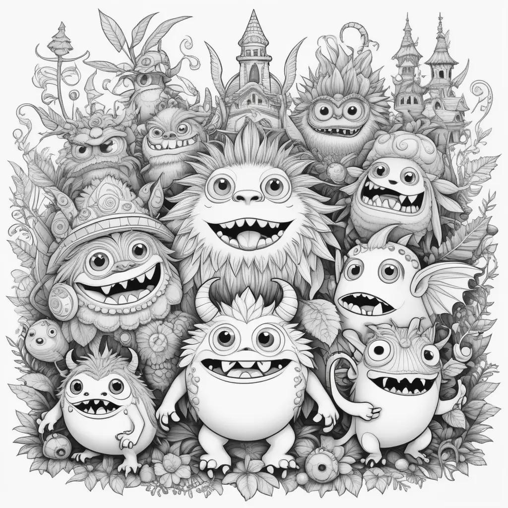 group of singing monsters in black and white coloring pages