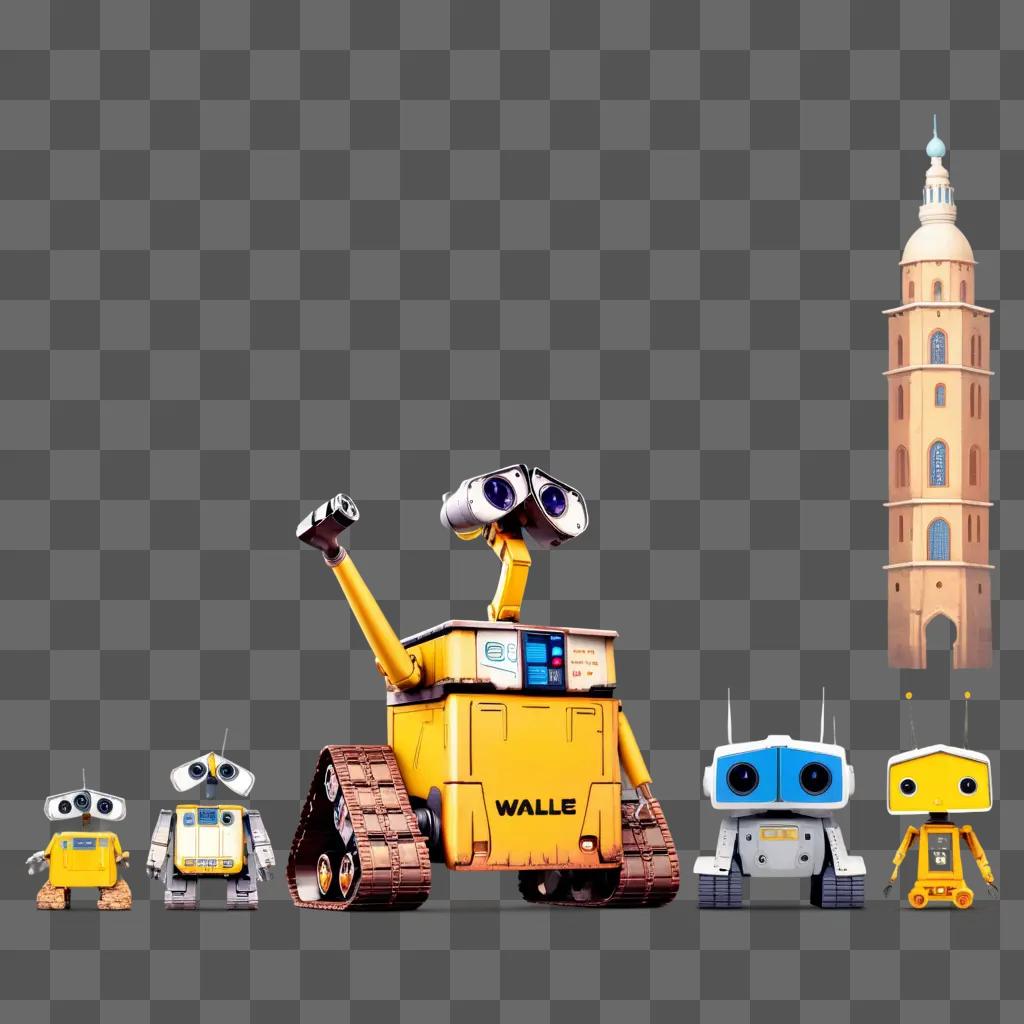 group of small WALL-E robots stand in front of a tower