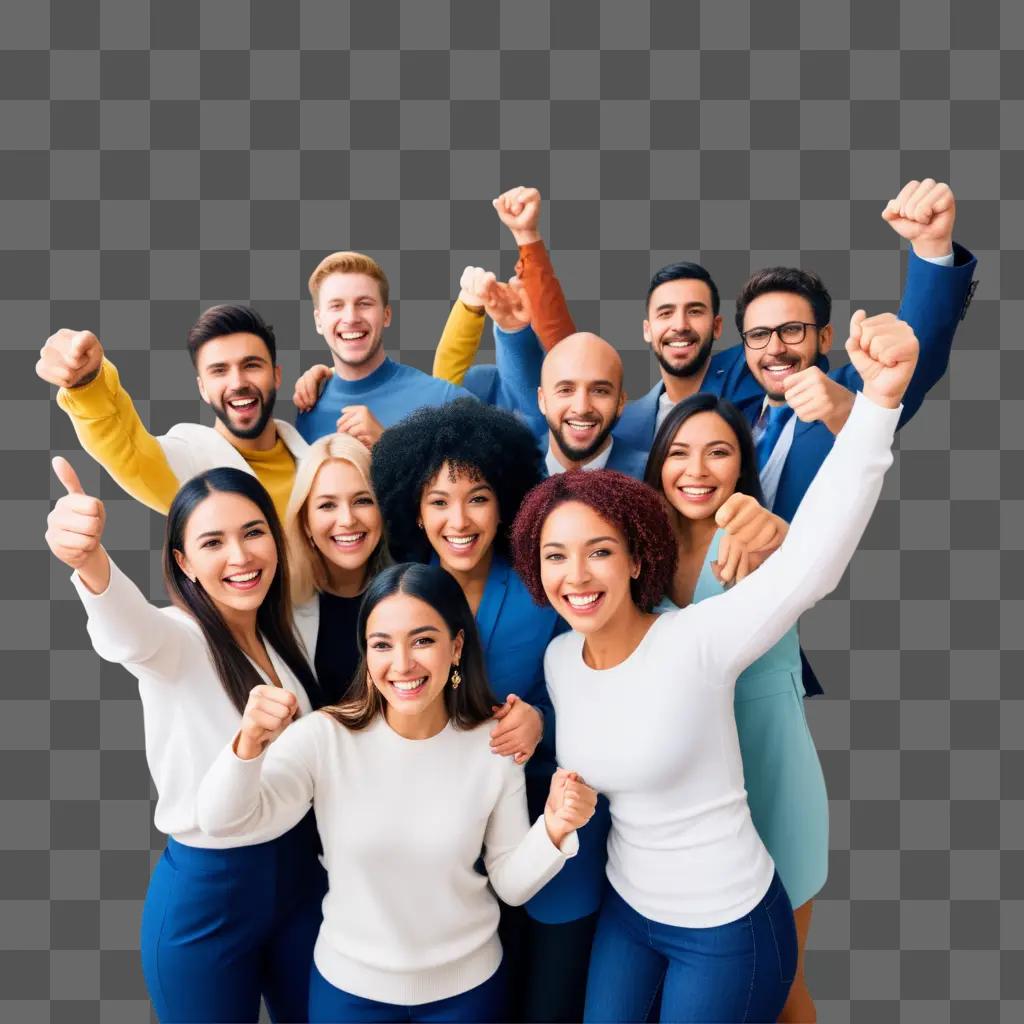 group of smiling people pose together, one of them is holding up a thumbs-up sign