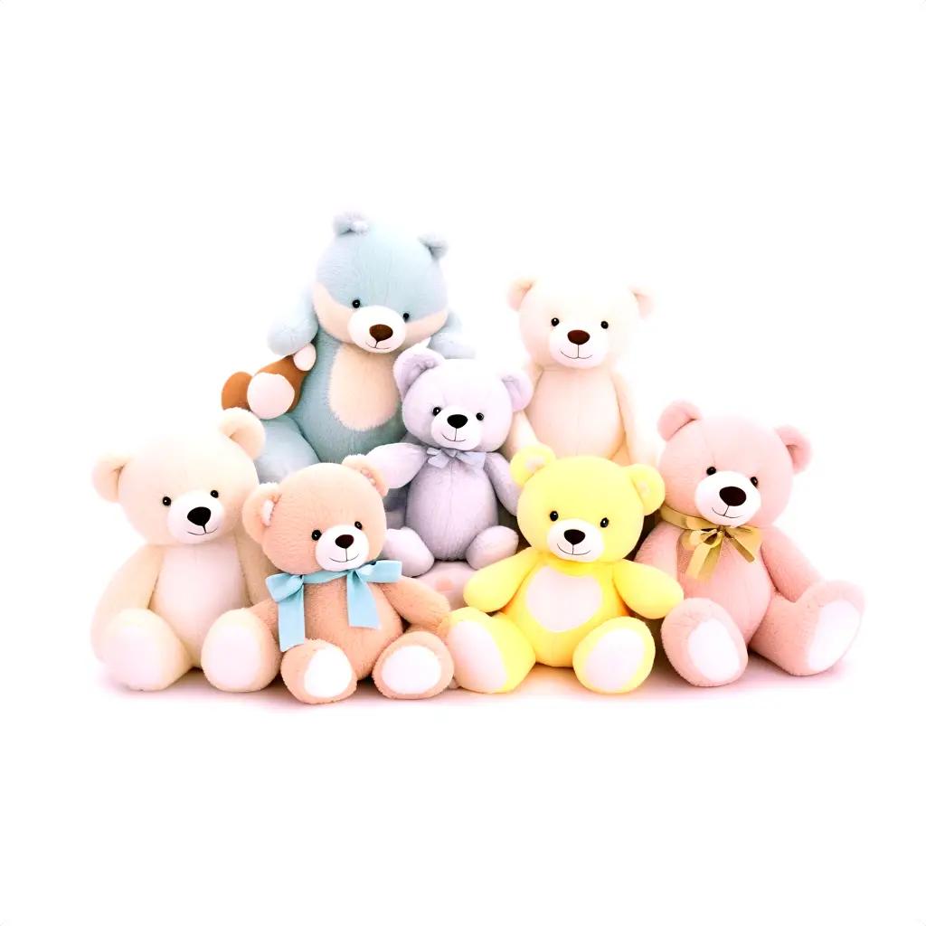 group of stuffed animals sit on a white background