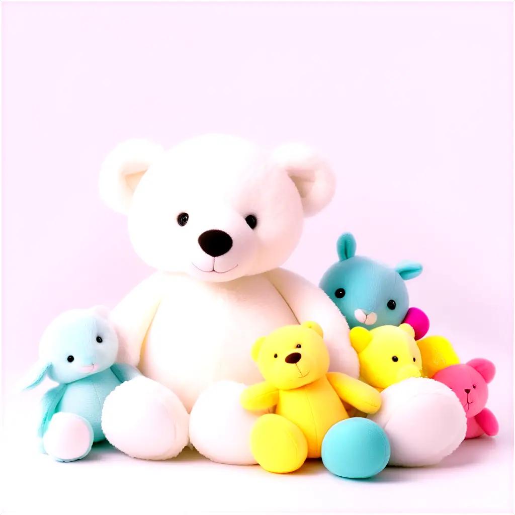 group of stuffed animals sitting together on a pink background