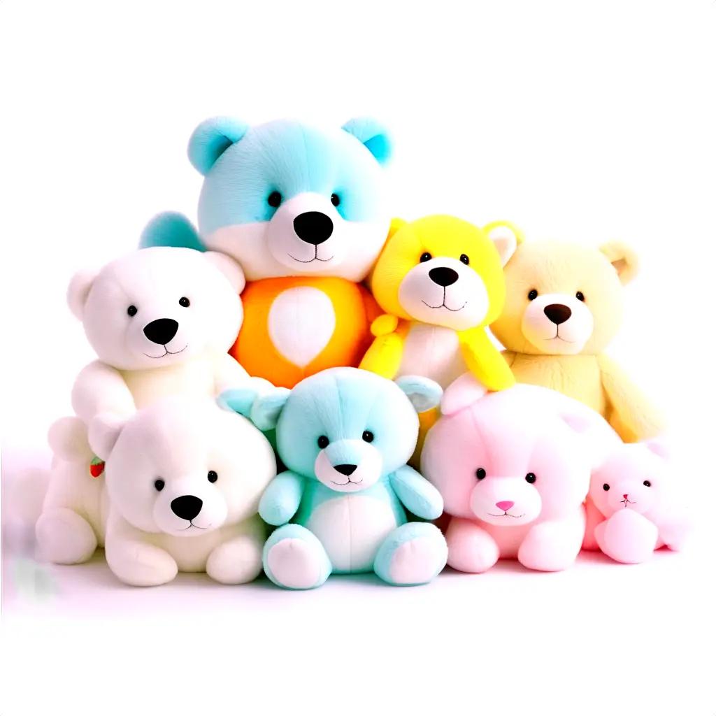 group of stuffed animals sitting together on a white background