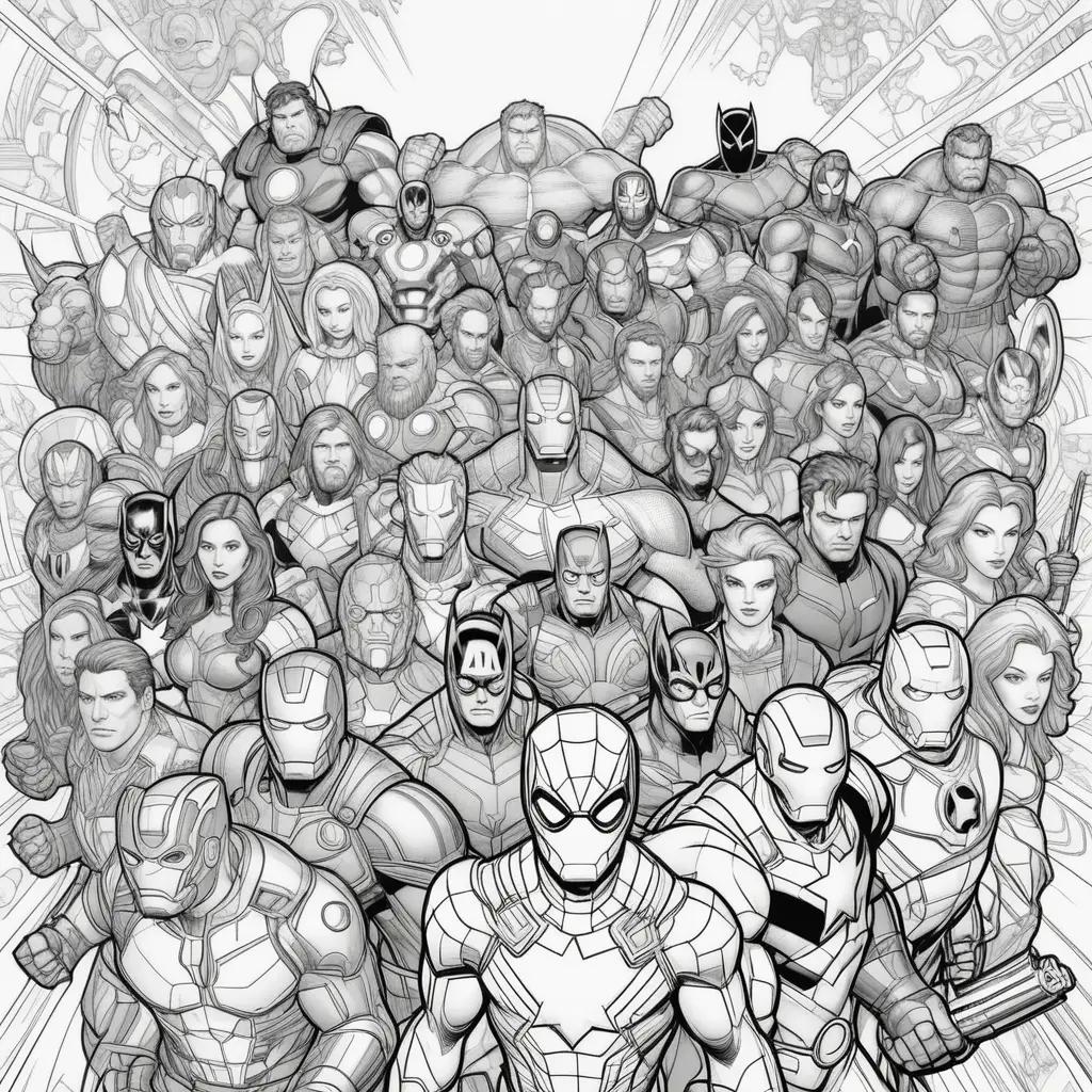 group of superheroes in a black and white coloring book